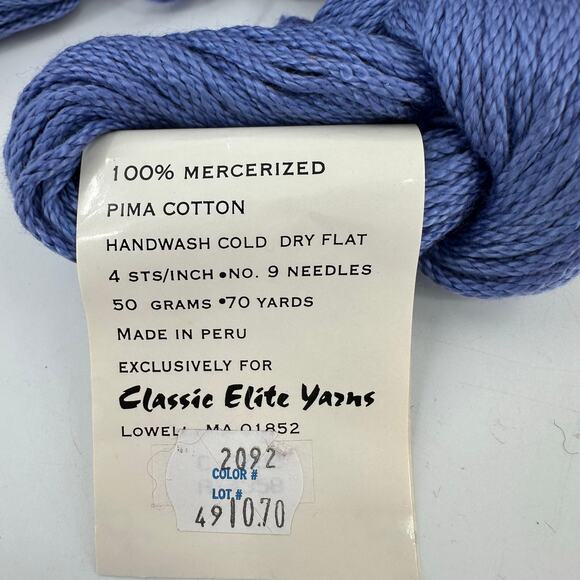 16 Classic Elite Yarns NEWPORT 100% Mercerized PIMA Cotton Blue Periwinkle #2092 - Picture 3 of 4